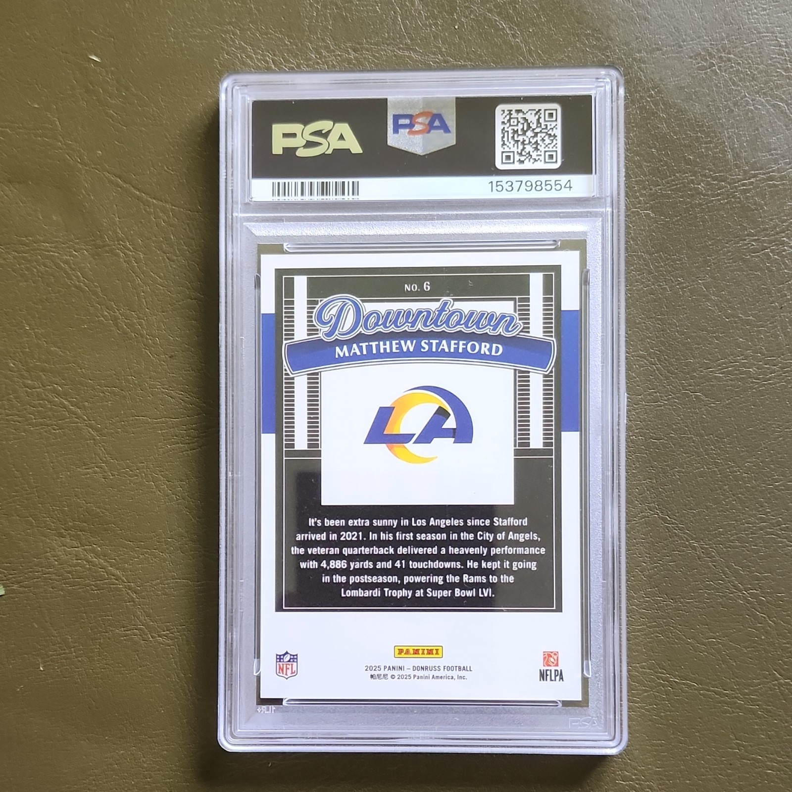 Panini 2025 Donruss Football Matthew Stafford Rams Downtown #6 PSA 10 view 2