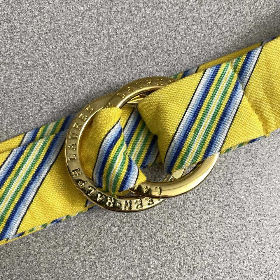 Lauren Ralph Lauren Belt Yellow Gold Ring Buckle Embossed Striped Linen Preppy - Image 4 of 4