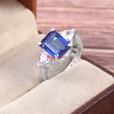 Lab Grown Sapphire Gemstone With 18k White Gold Plated Silver Women Ring #7
