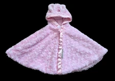 Blankets & Beyond Pink Minky Fur Hooded Ears Shawl Cape Poncho Hooded Satin Trim