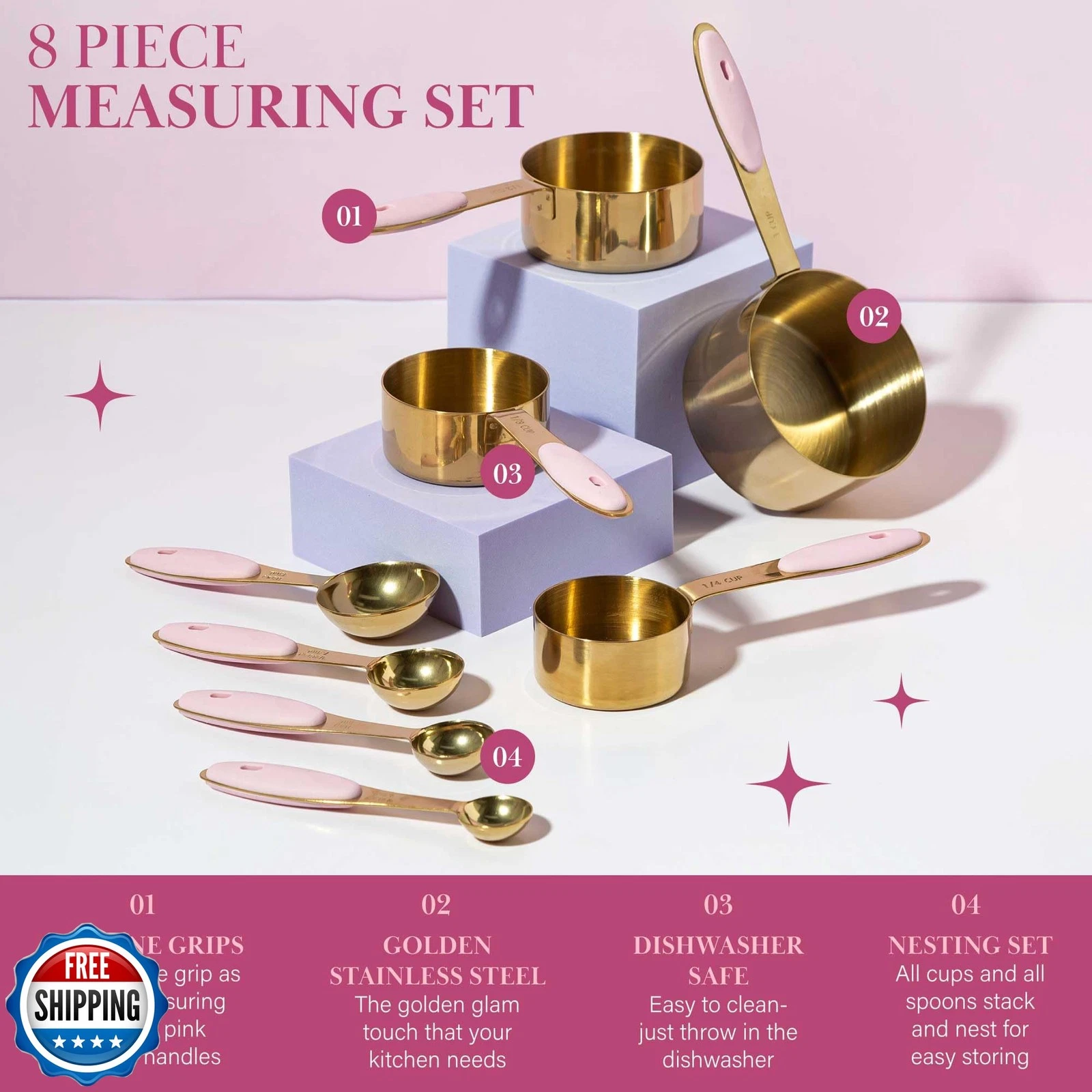 Paris Hilton Measuring Cups and Spoons Set, Stainless Steel with Pink Silicon...