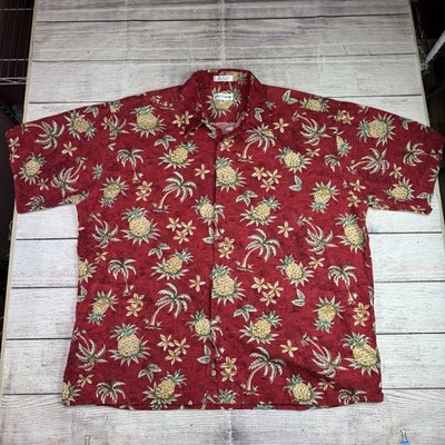 Vintage Pierre Cardin Hawaiian Shirt XXL Red Pineapple Palm Tree 100% Cotton