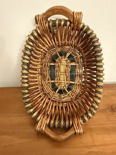VTG Thick Woven Oval Rattan Wicker Gathering Basket Wood Handles Boho Rustic