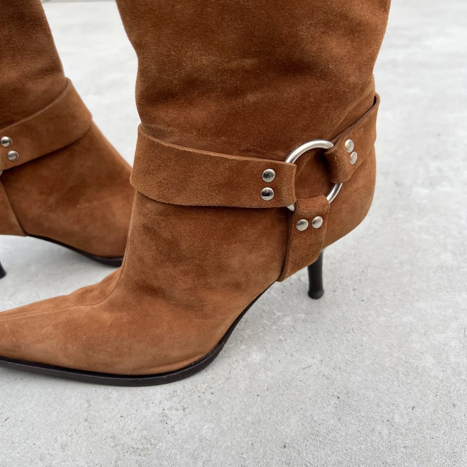 Sergio Rossi | Tan Suede Leather Pointed Mid Heel Western Cowboy Boots (37) - Image 3 of 4