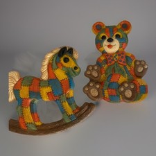 Vintage Foam Craft Nursery Wall Art Decor Patchwork Rocking Horse Teddy Bear MCM