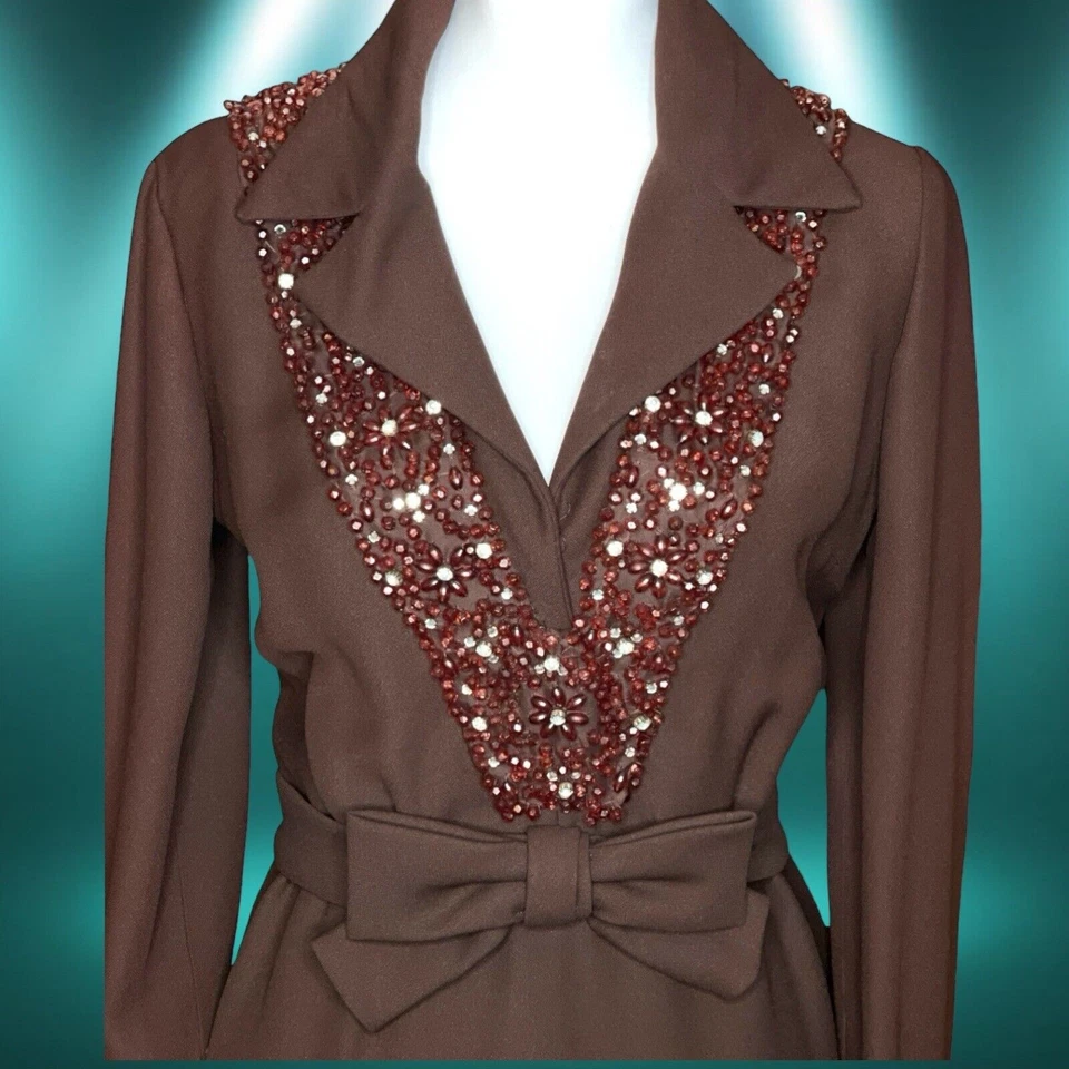 60s Groovy Brown Heavily Accent Beaded Rhinestones Vintage Mod Mini Dress S - Image 3 of 4