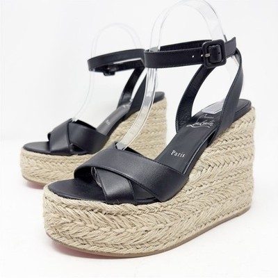 Christian Louboutin Mariza Zeppa Black Leather Espadrille Wedge Sandal Size 39