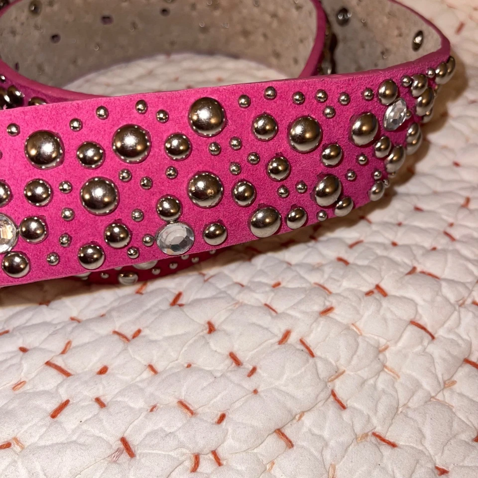 Cinturón Mujer Vintage Años 90 Talla Grande Cuero Rosa Gamuza Tachonado Joya Foto 3 de 4