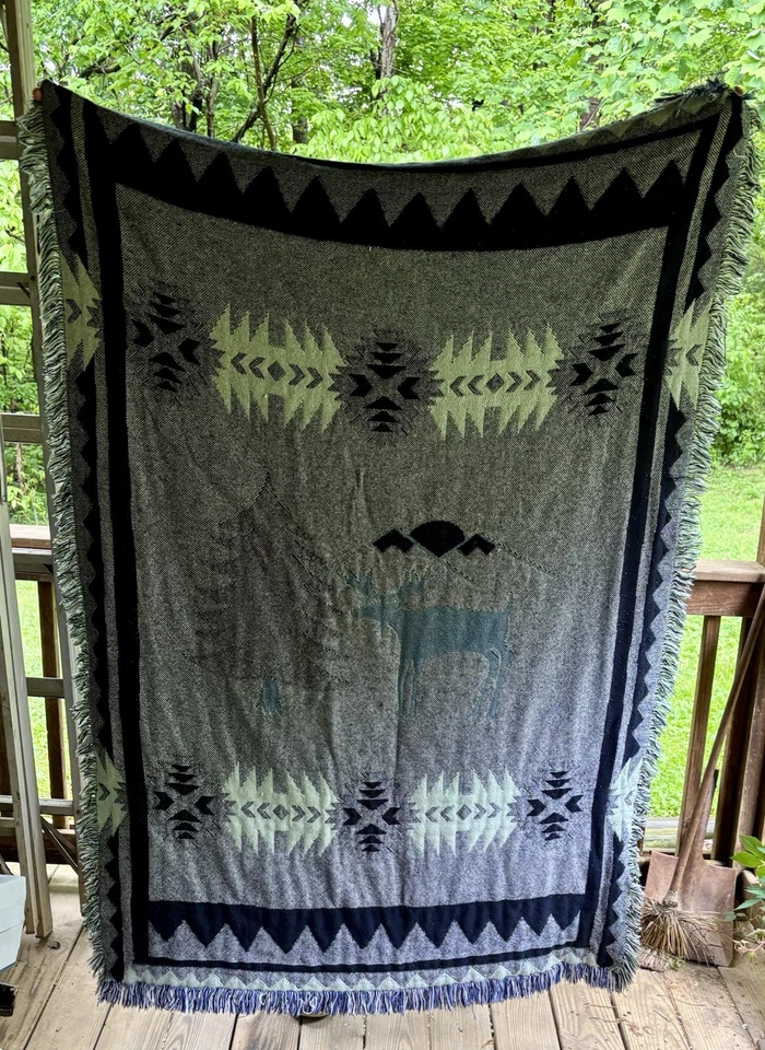 Manta con flecos tapiz vintage cabaña alce Southwest Lodge 46 x 64 Foto 3 de 3