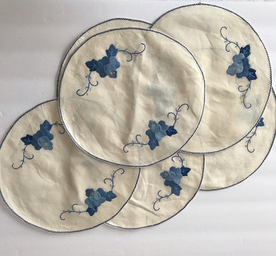 Vintage Placemats Set of 6 Round Handmade Embroidered Floral Blue Cream Cottage