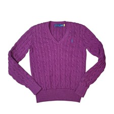 Polo Ralph Lauren Womens S Purple Cable Knit Cotton V Neck Pony Sweater