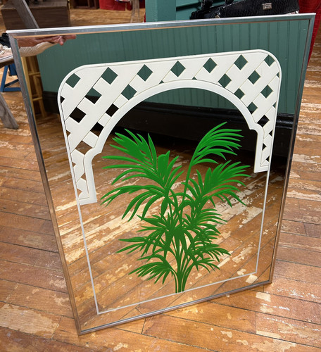 Vintage 1975 Academy Arts Painted Mirror Graphic Plant Lattice Metal Frame 26x20