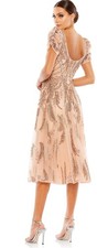 MAC DUGGAL 5434 Apricot Pink Sequin Beaded Embellished Puff Sleeve Midi Dress 10