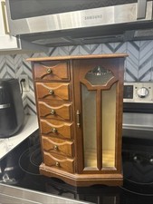Vintage Wooden Jewelry Box With 6 Felt Lined Drawers