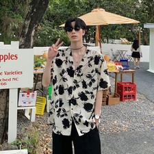 Summer Men Cuban Collar Short Sleeve Button Up Shirt Casual Loose Floral Pattern