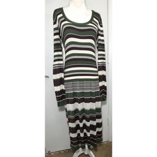 MNG Mango Midi Dress Size M Green Striped Ribbed Knit Long Sleeve Stretchy