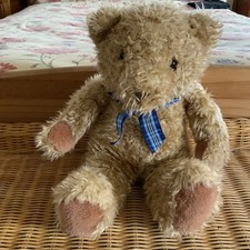 Vintage Mothercare Teddy Bear soft toy curly brown tartan bow 2596 011 Sits 10”