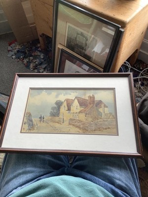Vintage antikes altes Aquarell Gemälde von JH Rowland Land Landschaft Szene