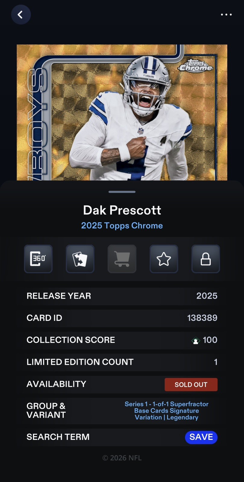 *DIGITAL* Topps NFL Collect App ‘25 Chrome Dak Prescott Superfractor Auto 1/1 view 3