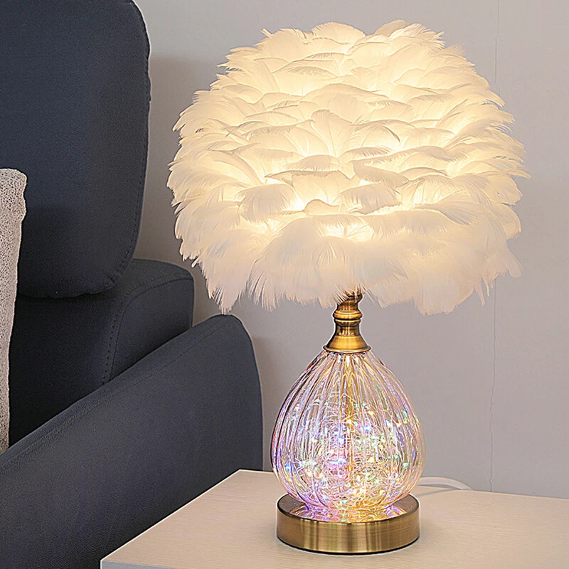 Romantic Colourful Feather LED Gold Brass Glass Shade Bedroom Table Lights  Girls