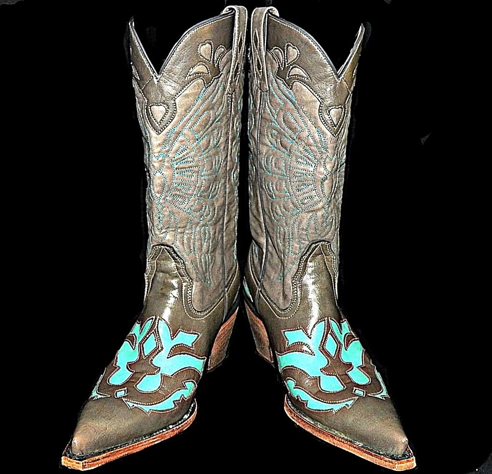Ковбойские сапоги ручной работы Paso Del Norte Dove серые с бирюзовыми вставками 7 B  - Изображение 2 из 4