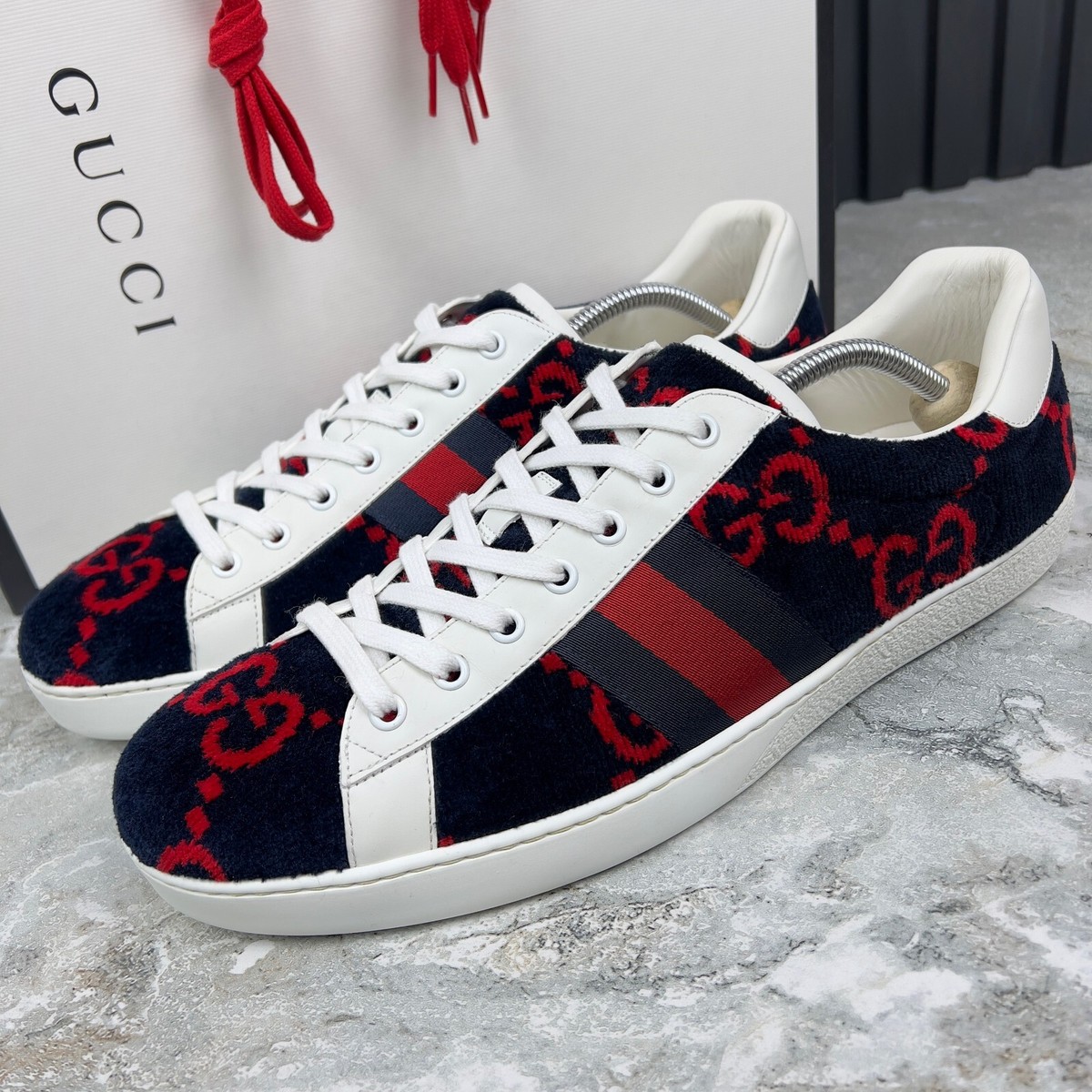 Gucci Ace GG Monogram Sneakers Terry Cloth Blue Velour 12 G or