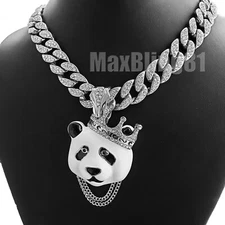 Silver PT King Panda Pendant & 16" 18" 20" 24" Iced Cuban Choker Chain Necklace