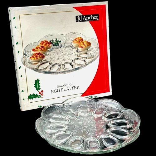 Vintage Anchor Hocking SAVANNAH 12" Clear Glass Deviled Egg Platter Plate w Box