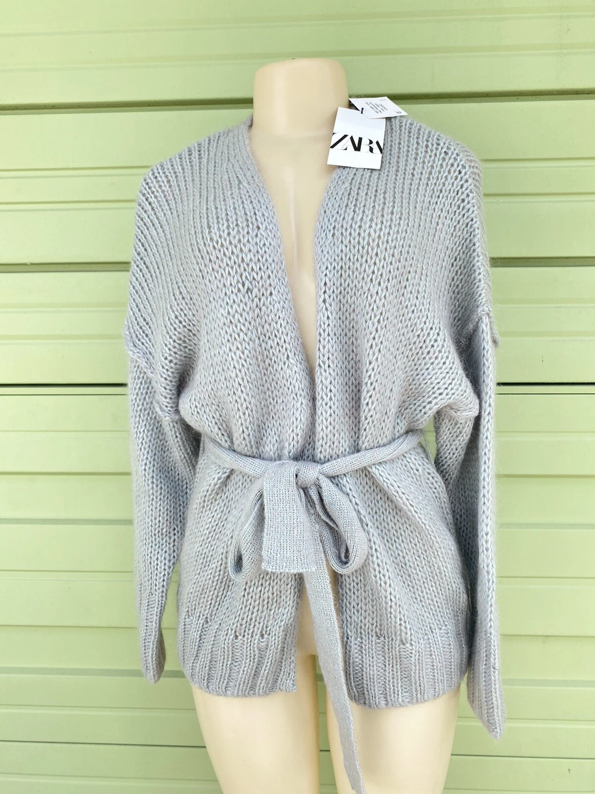 New ZARA GREY BLUE MOHAIR WOOL BLEND SWEATER CARDIGAN LONG SLEEVE size S W7
