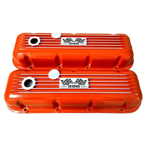 396 Big Block Chevy Finned Orange Valve Covers & 14" Air Cleaner Kit - Ansen USA - Picture 2 of 10