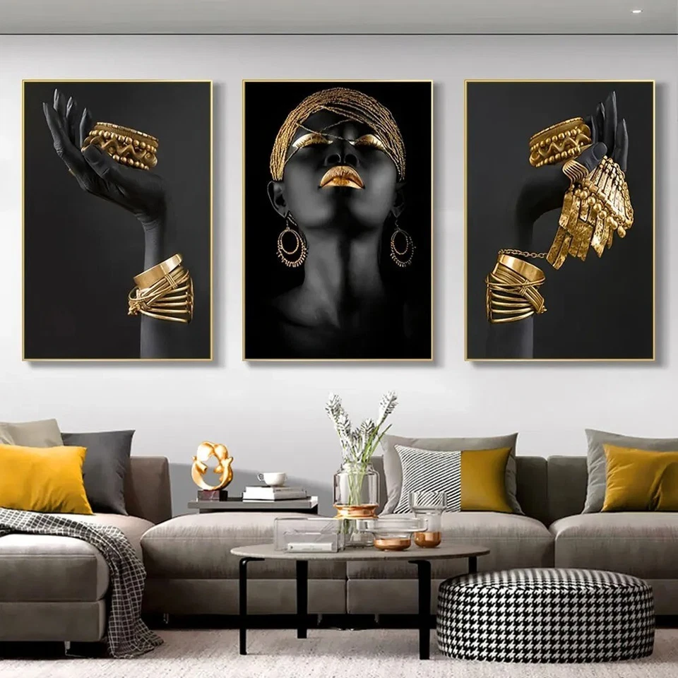 Mujeres negras africanas con póster dorado colgante de pared lienzo póster arte 40x60 cm 3 piezas Foto 3 de 4