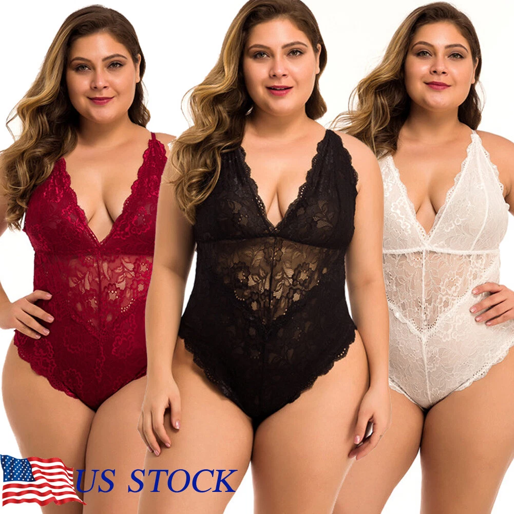 Women Plus Size Lace Bodysuit Teddy Lingerie One Piece Babydoll Clubwear  M-XXL