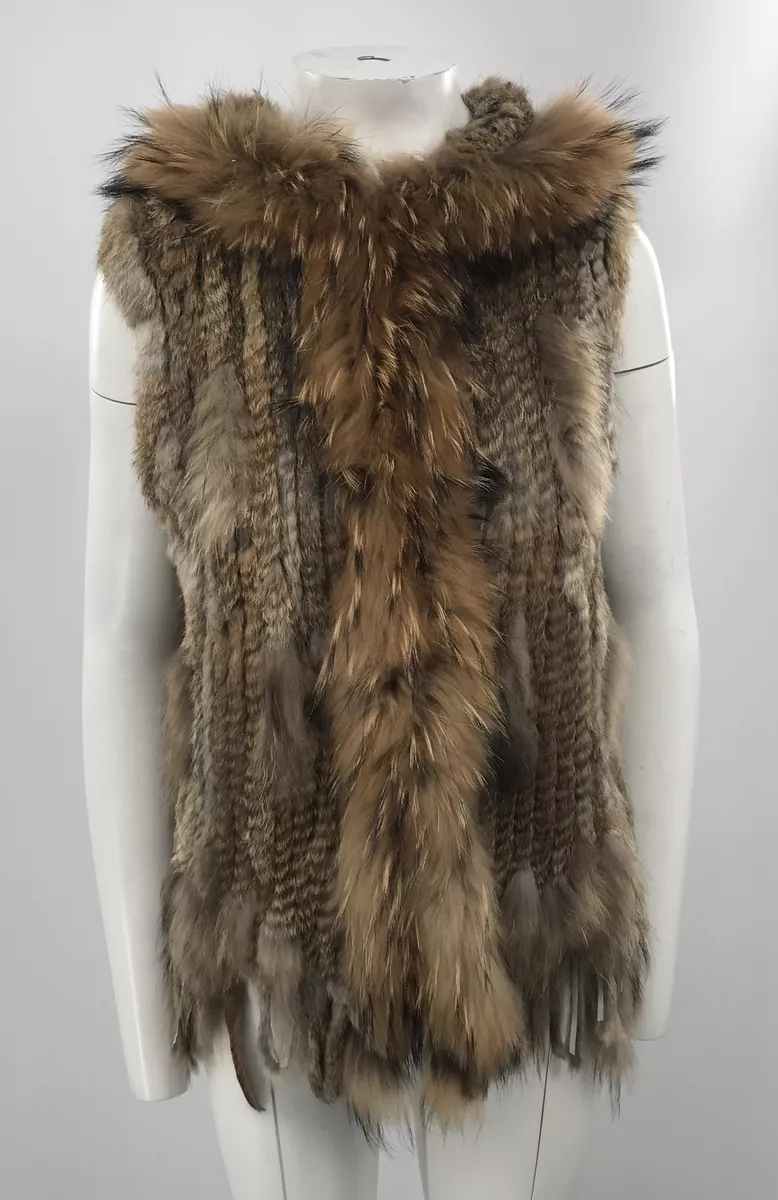 tempo paris brown rabbit fur vest with fox trim and hood sz m l eBay