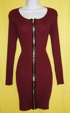 SAY WHAT? WOMEN'S FULL ZIP FRONT BODY CON BURGUNDY DRESS STRETCHY SIZE S NWT