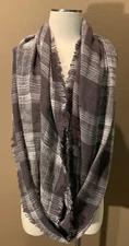74”x32” Loft Smoky Gray & White Woven Plaid Infinity Scarf W Fringe