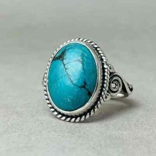 Blue Copper Turquoise Gemstone Ring 925 Silver Oxidized Ring Wide Band Ring Gift