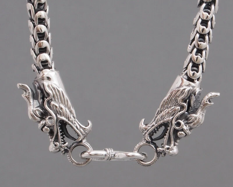 78g 24" 61cm 2 Cabezas Dragón Serpiente Escala 925 Plata de Ley Collar Cadena Foto 3 de 4