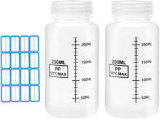 2 Bottiglie a Collo Largo, in Plastica, Da 250 Ml, Con Tappo a Vite, Scala, Etic