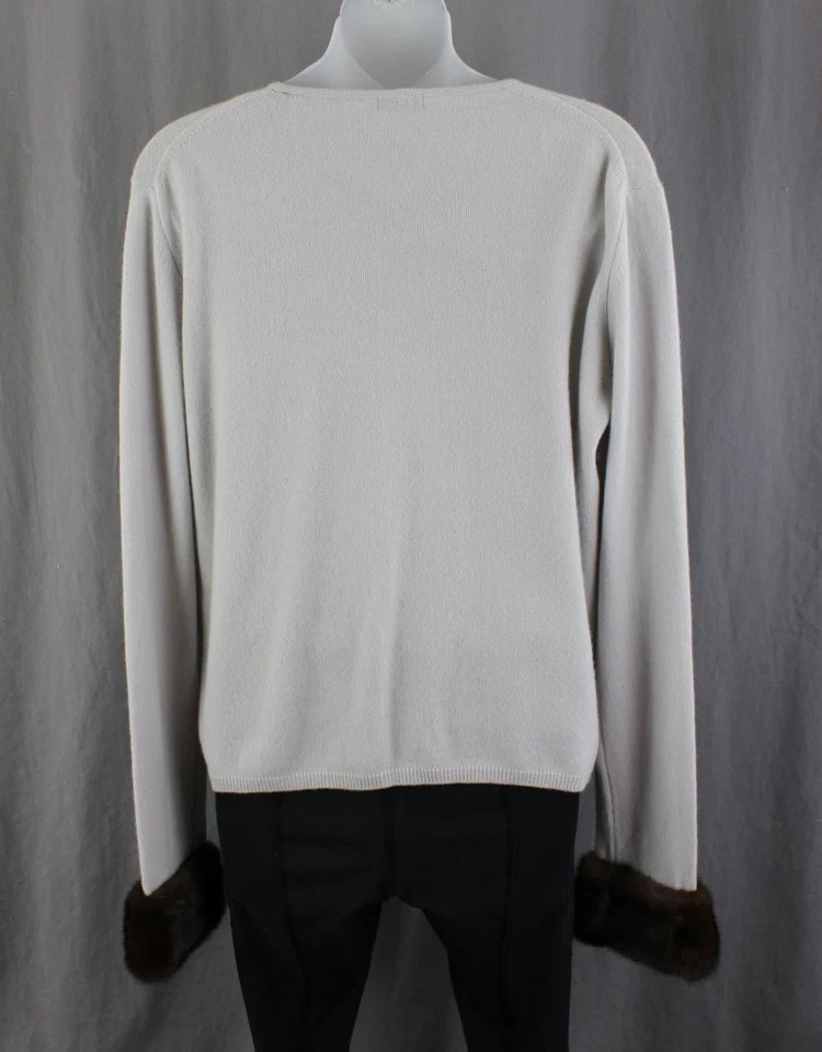 Suéter cardigã feminino Vera Wang cinza 100% cashmere acabamento de pele manga longa M - Imagem 2 de 4