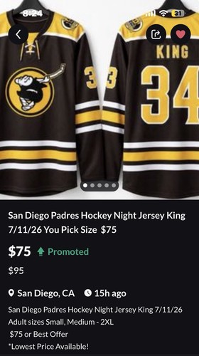 San Diego Padres Hockey Night Jersey King Sizes: S, M and 2XL