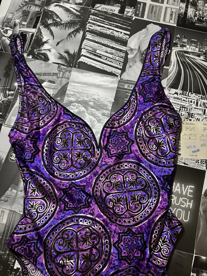 Vintage 80s/90s Gideon Oberson Purple Paisley One Piece Swimsuit Sz 8 NWT — 第 4/4 张图片