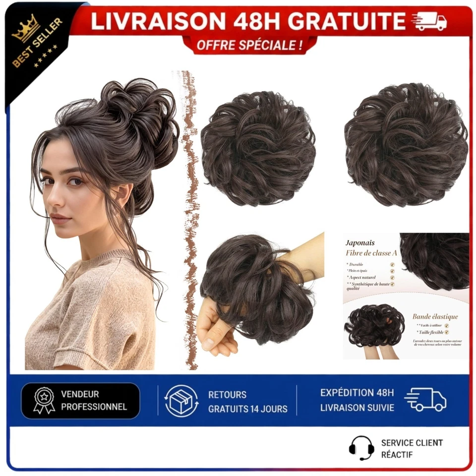 FESHFEN Chignon Postiche Cheveux Bouclés Ondulés Brun Foncé 55g - Photo 1/4