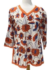 Gretchen Scott Cotton V-Neck Tunic Side Slits- Orange Floral- Size M