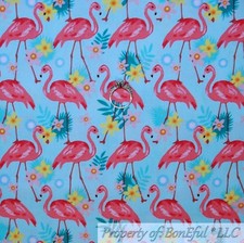 BonEful FABRIC FQ Cotton Quilt Blue Pink FLAMINGO Bird Beach Ocean Florida State