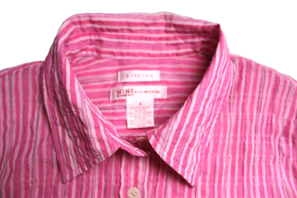 BLUSA NINE & CO feminina tamanho 8 listra branca rosa listra enrugada manga longa - Imagem 3 de 4