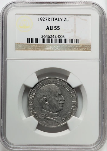 ITALY  KINGDOM  1927-R   2 LIRE COIN, NGC CERTIFIED AU55, SCARCE DATE