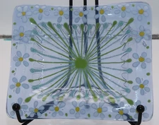 Vintage Higgins Art Glass Blue White Flowers Trinket Tray Signed MCM 6x5