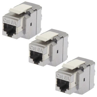 3 Pcs Shielded Keystone Jack Cat6A Blue Network 180 Degrees 110 Type 8P8C RJ45