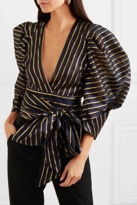 ALEXANDRE VAUTHIER METALLIC STRIPED ORGANZA WRAP TOP IN NAVY Size 38 $1,400
