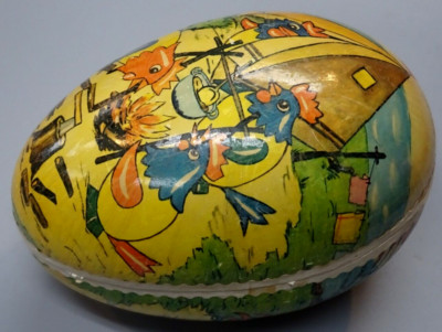 Vintage German Papier Mache Easter Egg HUGE 7.5'' long (Roosters On Open Fire)